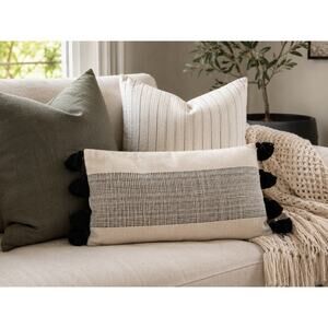 Boho Lumbar Pillow Cover Cream Black Tassel Woven 15x24 Farmhouse Decor